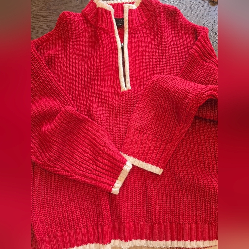 Sanctuary Red 1/4 Zip Pullover Sweater with white Trim details Size Large